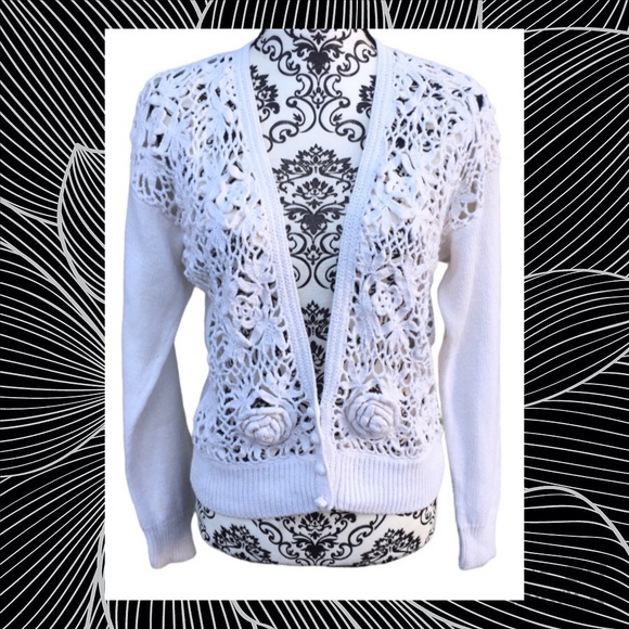 Vintage 90s Erika White Floral Crochet Cardigan Sweater Cotton Ramie L Cottage - Picture 1 of 12